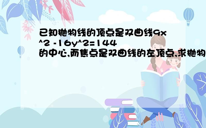 已知抛物线的顶点是双曲线9x^2 -16y^2=144 的中心,而焦点是双曲线的左顶点,求抛物线的方程