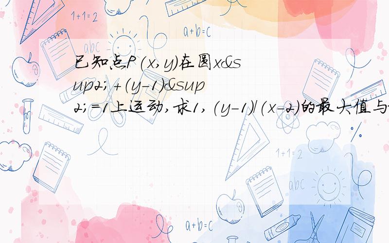 已知点P(x,y)在圆x²+（y-1)²=1上运动,求1,(y-1)/(x-2)的最大值与最小值我算出两个答案gold can bless you