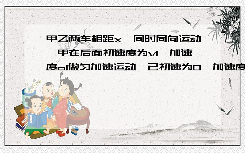 甲乙两车相距x,同时同向运动,甲在后面初速度为v1,加速度a1做匀加速运动,已初速为0,加速度是a2,假定互不影响问：A.当a1＜a2时,甲、乙只能相遇两次B.当a1＜a2时,甲、乙可能相遇两次