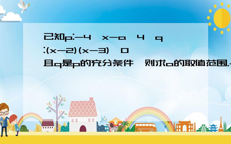 已知p:-4＜x-a＜4,q:(x-2)(x-3)＜0,且q是p的充分条件,则求a的取值范围.-1≦a≦6.为什么?