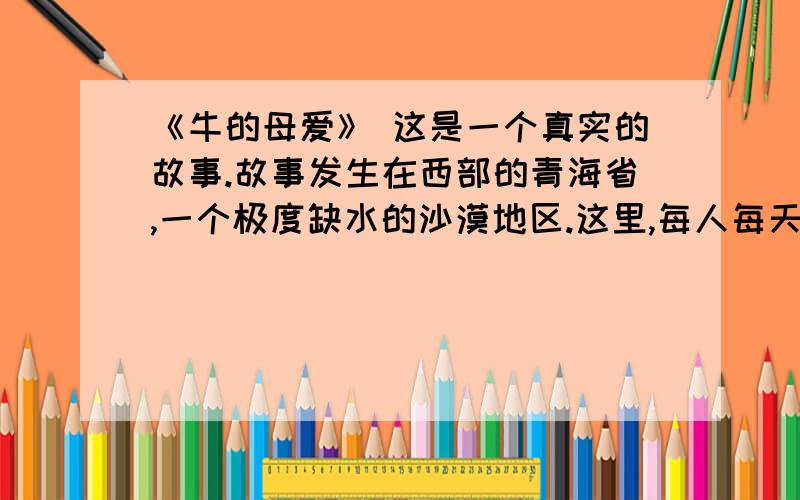 《牛的母爱》 这是一个真实的故事.故事发生在西部的青海省,一个极度缺水的沙漠地区.这里,每人每天的用水量严格地限定为三斤,这还得靠驻军从很远的地方运来.日常的饮用、洗漱、洗衣,