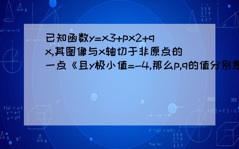 已知函数y=x3+px2+qx,其图像与x轴切于非原点的一点《且y极小值=-4,那么p,q的值分别是