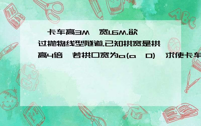 一卡车高3M,宽1.6M.欲过抛物线型隧道.已知拱宽是拱高4倍,若拱口宽为a(a＞0),求使卡车通过的a的最小整数值.参考数据(根号154.24)≈12.42,(根号38.56)≈6.21.数学帝速来,