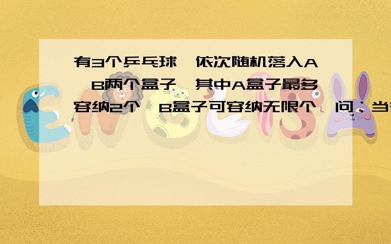 有3个乒乓球,依次随机落入A、B两个盒子,其中A盒子最多容纳2个,B盒子可容纳无限个,问：当有两个球落入A盒子的概率是多少.（注：当A盒子先落入2个球后,第3个球落入B盒子的几率是100%）.扩展