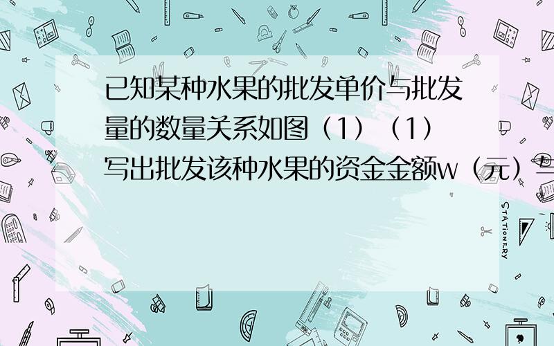 已知某种水果的批发单价与批发量的数量关系如图（1）（1）写出批发该种水果的资金金额w（元）与批发量n（kg)之间的函数关系式：指出金额在什么范围内,以同样的资金可以批发到较多数