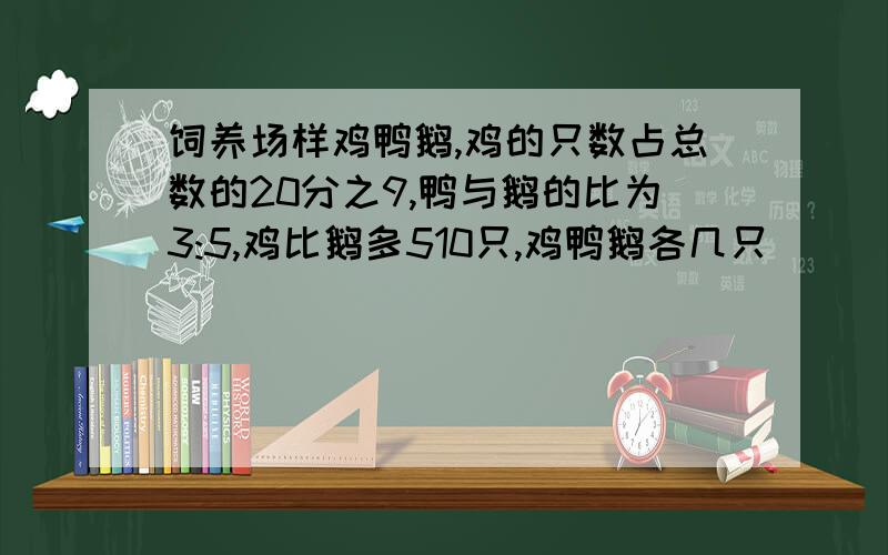 饲养场样鸡鸭鹅,鸡的只数占总数的20分之9,鸭与鹅的比为3:5,鸡比鹅多510只,鸡鸭鹅各几只