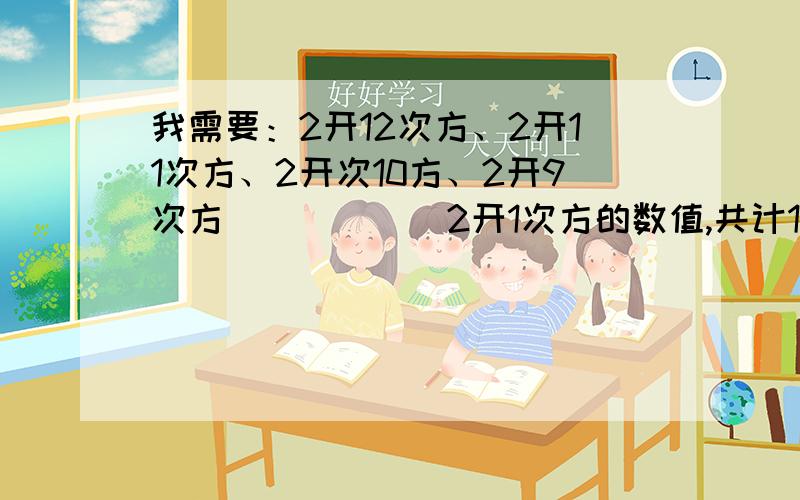 我需要：2开12次方、2开11次方、2开次10方、2开9次方．．．．．．2开1次方的数值,共计12个.要求：至少精确到小数点后7位!回答对者,再追加100分!