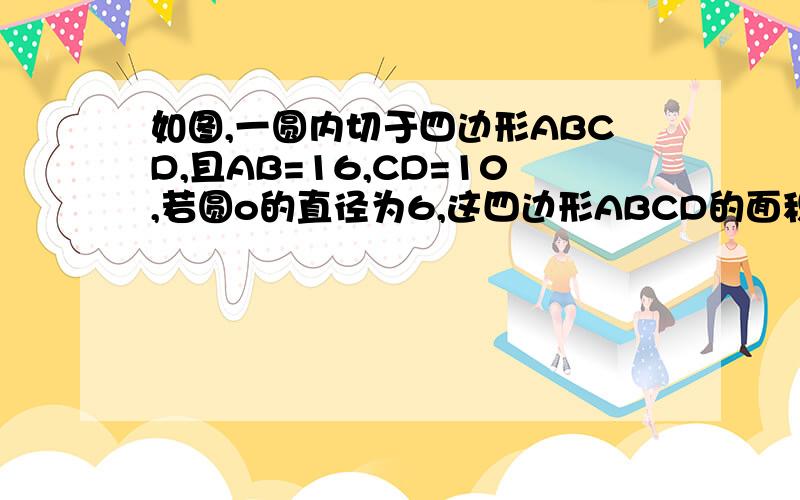 如图,一圆内切于四边形ABCD,且AB=16,CD=10,若圆o的直径为6,这四边形ABCD的面积为_______