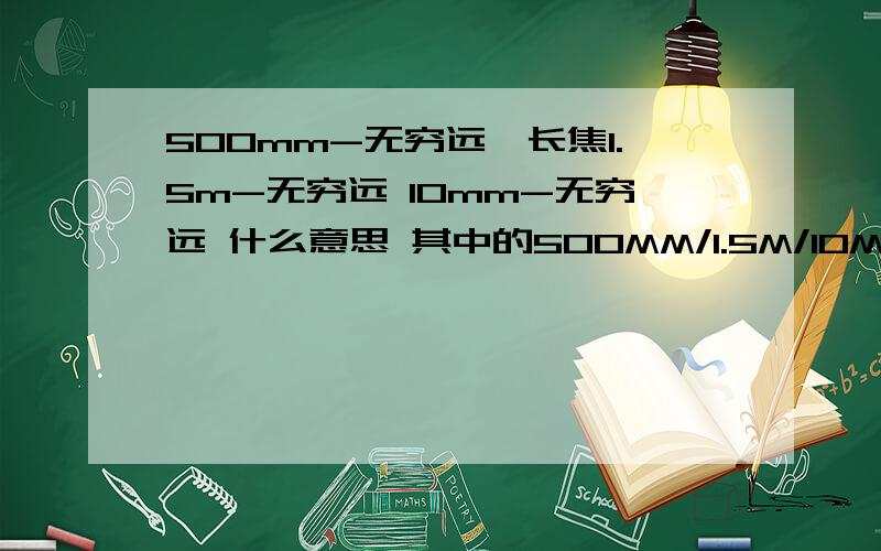 500mm-无穷远,长焦1.5m-无穷远 10mm-无穷远 什么意思 其中的500MM/1.5M/10MM/无穷远呢尼克尔镜头,实际焦距：f=4.5-94.5mm又是什么意思