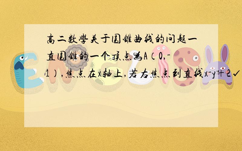 高二数学关于圆锥曲线的问题一直圆锥的一个顶点为A（0,-1）,焦点在x轴上,若右焦点到直线x-y+2√▔2=0的距离为3.设椭圆与直线y=kx+m(k≠0)相交于不同的两点M,N当|AM|=|AN|时求m的取值范围