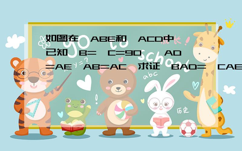 如图在△ABE和△ACD中,已知∠B=∠C=90°,AD=AE,AB=AC,求证∠BAD=∠CAE如图,在△ABC中,AD是BC边上的中线,过D作AB,AC边上的垂线,垂足为E,F,且DE=DF,求证AD平分∠BAC两题的图都在这里