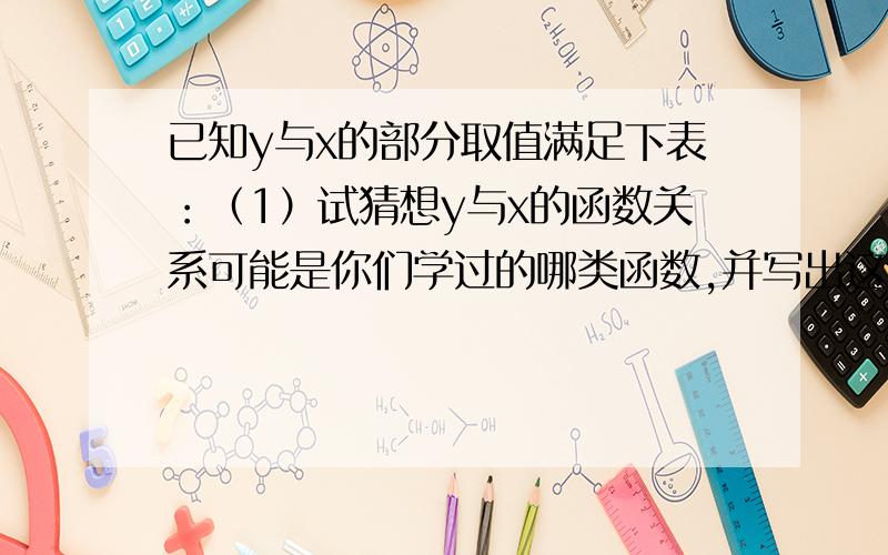 已知y与x的部分取值满足下表：（1）试猜想y与x的函数关系可能是你们学过的哪类函数,并写出这个函数的解析已知y与x的部分取值满足下表：（1）试猜想y与x的函数关系可能是你们学过的哪