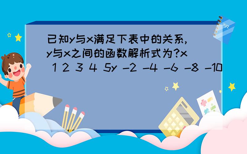 已知y与x满足下表中的关系,y与x之间的函数解析式为?x 1 2 3 4 5y -2 -4 -6 -8 -10