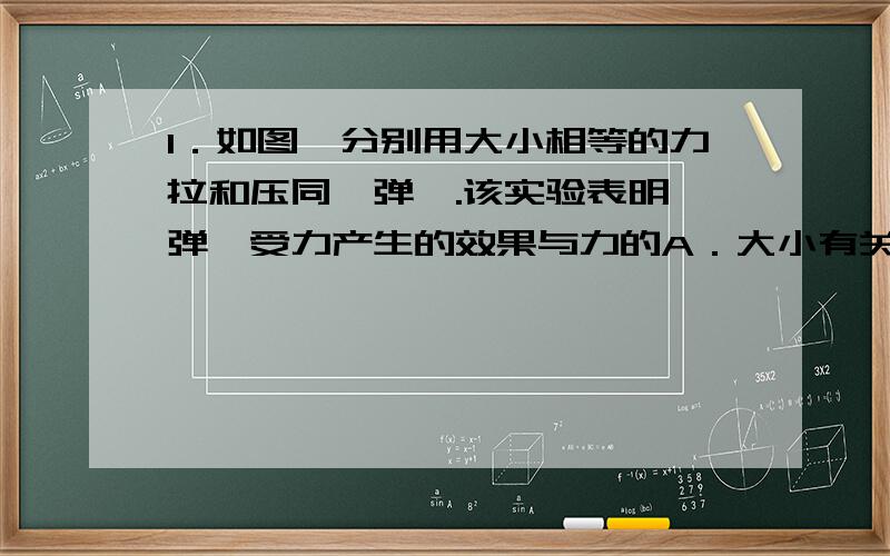 1．如图,分别用大小相等的力拉和压同一弹簧.该实验表明,弹簧受力产生的效果与力的A．大小有关 B．作用点有关C．方向有关 D．大小、方向、作用点都有关2．在某个经常刮大风的海岛上,生