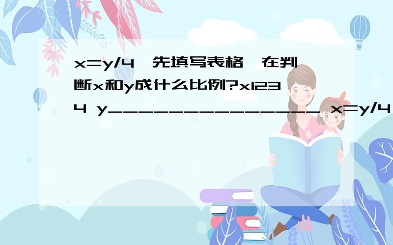 x=y/4,先填写表格,在判断x和y成什么比例?x1234 y______________ x=y/4,先填写表格,在判断x和y成什么比把理由写在上面,30分钟之类、