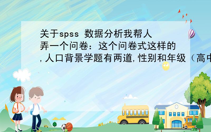 关于spss 数据分析我帮人弄一个问卷：这个问卷式这样的,人口背景学题有两道,性别和年级（高中低）.一共有50道题,计分方式是将所有得分相加,将总分划分为3个水平为优良差.我分析了总分