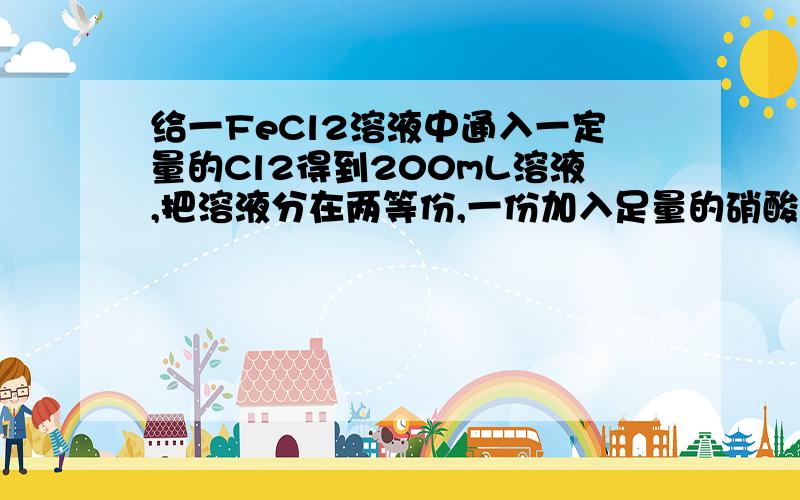 给一FeCl2溶液中通入一定量的Cl2得到200mL溶液,把溶液分在两等份,一份加入足量的硝酸银溶液,反应得到14.35g沉淀；另一份放入铁片,直到溶液中不再使KSCN溶液变红色为止,铁片质量减轻了0.56g,求