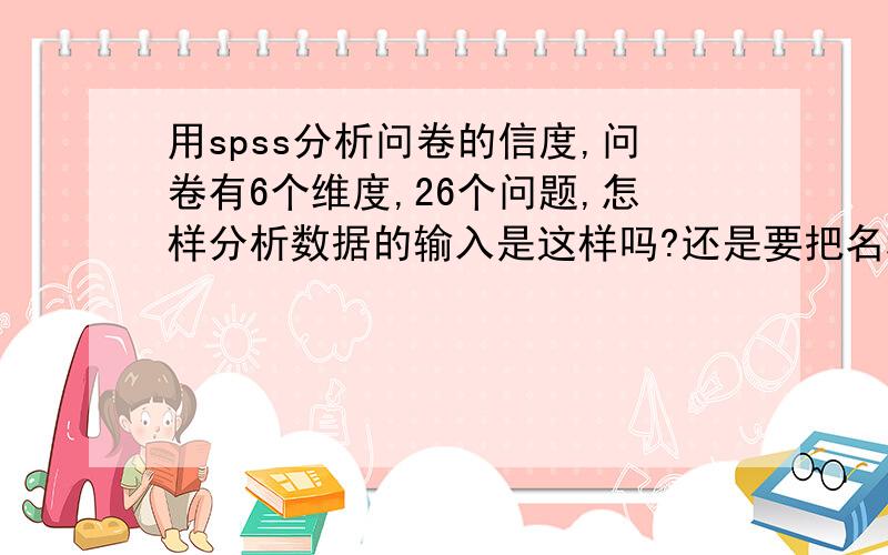 用spss分析问卷的信度,问卷有6个维度,26个问题,怎样分析数据的输入是这样吗?还是要把名称改为那六个维度的名称?另一个问题是,我共有361份问卷,比如第一个维度里面包含7个问题,有361个人回