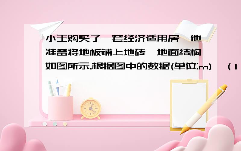 小王购买了一套经济适用房,他准备将地板铺上地砖,地面结构如图所示.根据图中的数据(单位:m),（1）写出用含x.y的代数式表示地面的总面积:2）已知客厅面积比卫生间面积多21㎡,且地面总面