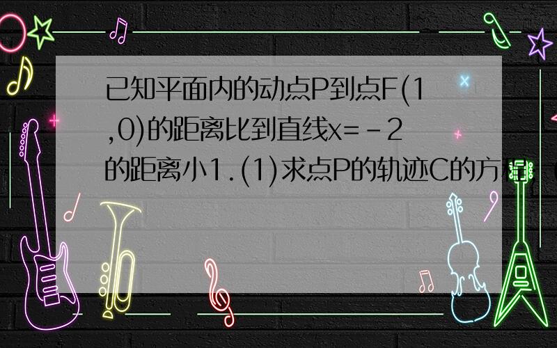 已知平面内的动点P到点F(1,0)的距离比到直线x=-2的距离小1.(1)求点P的轨迹C的方程; (2)若A、B为轨迹C上的