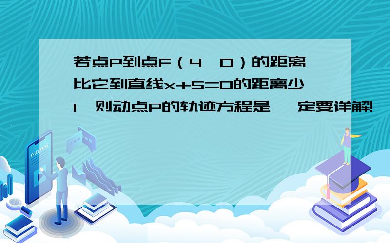 若点P到点F（4,0）的距离比它到直线x+5=0的距离少1,则动点P的轨迹方程是 一定要详解!