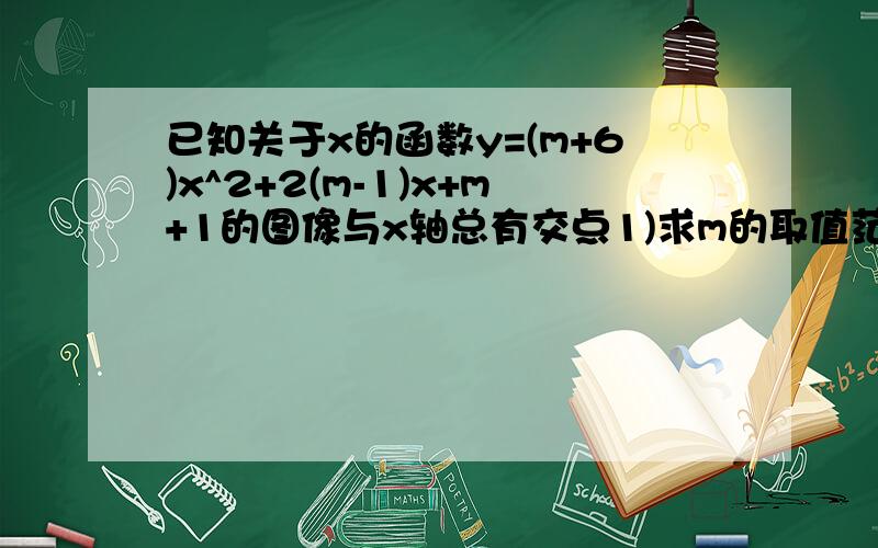 已知关于x的函数y=(m+6)x^2+2(m-1)x+m+1的图像与x轴总有交点1)求m的取值范围2）当函数图像与x轴两交点横坐标的倒数和等于-4时,求m的值