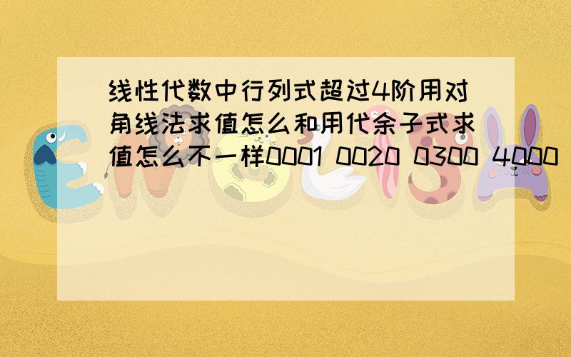 线性代数中行列式超过4阶用对角线法求值怎么和用代余子式求值怎么不一样0001 0020 0300 4000 用对角线法等于-24 用代余子式算等于都是24 但是我遇到一些题就很怪反正算出来就不一样