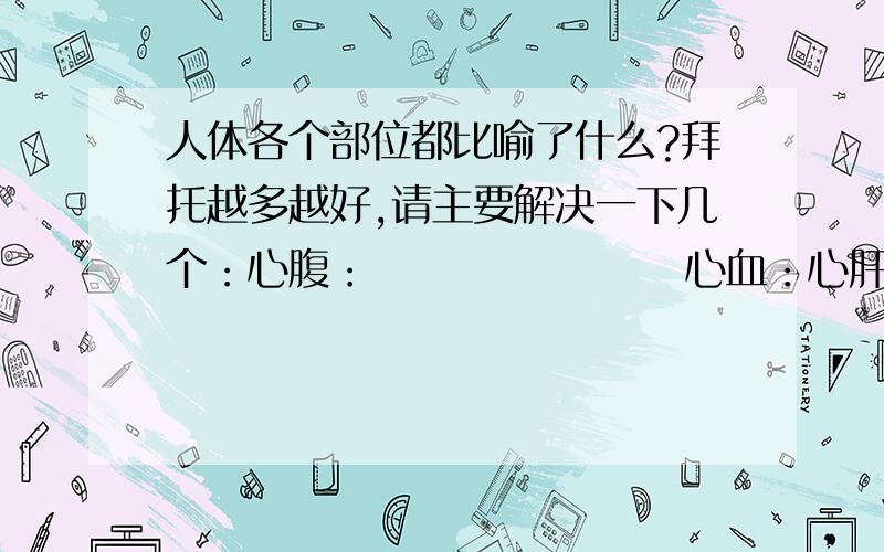 人体各个部位都比喻了什么?拜托越多越好,请主要解决一下几个：心腹：                   心血：心肝：                   心肠：心脏：                   动脉：