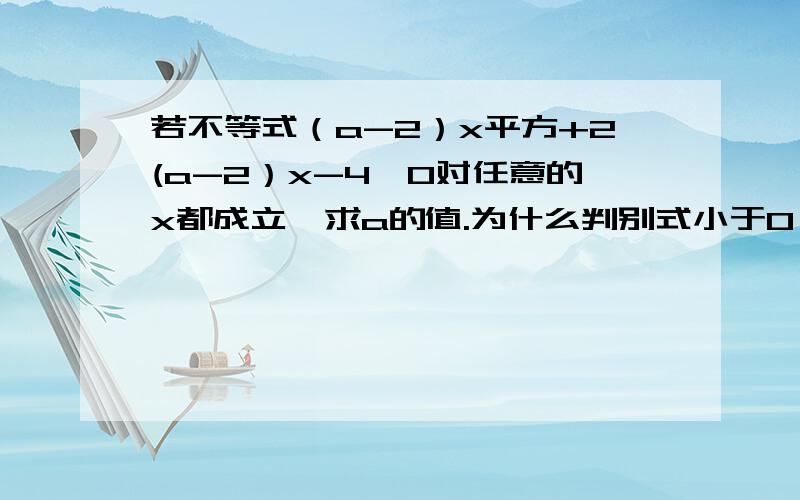 若不等式（a-2）x平方+2(a-2）x-4＜0对任意的x都成立,求a的值.为什么判别式小于0