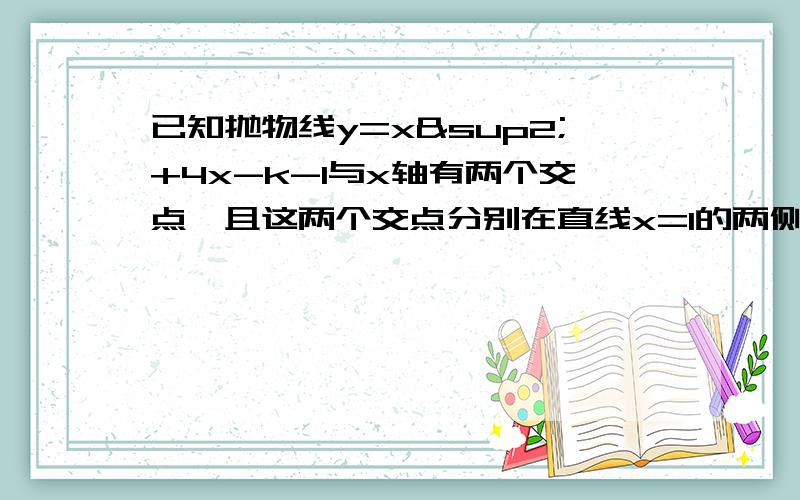 已知抛物线y=x²+4x-k-1与x轴有两个交点,且这两个交点分别在直线x=1的两侧,求k的取值范围