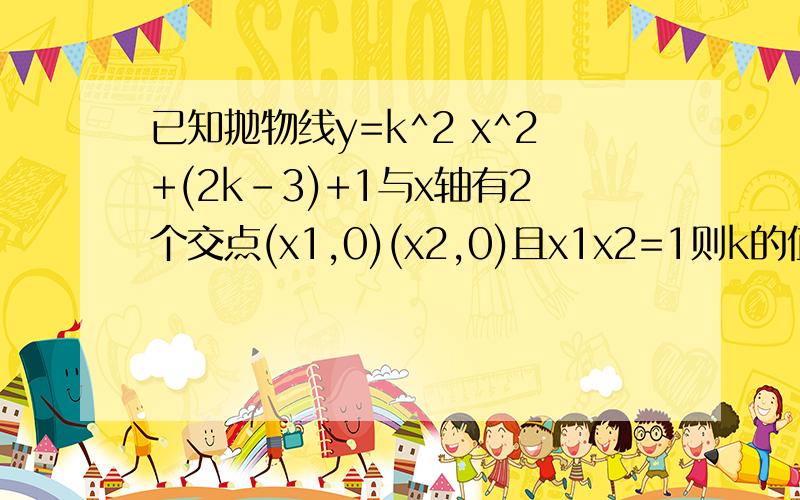 已知抛物线y=k^2 x^2+(2k-3)+1与x轴有2个交点(x1,0)(x2,0)且x1x2=1则k的值为