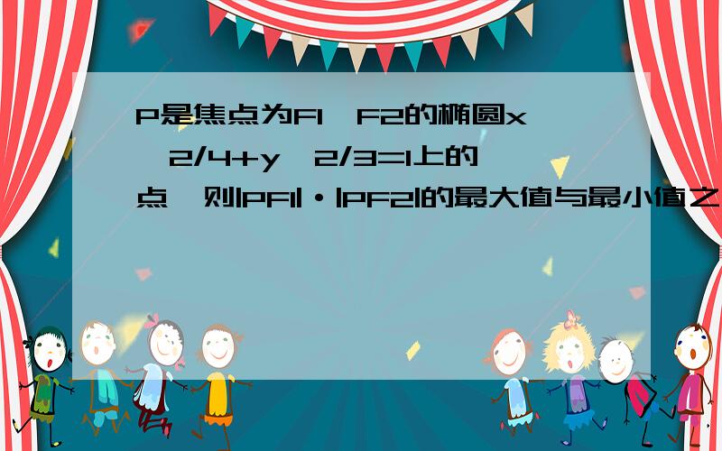 P是焦点为F1,F2的椭圆x^2/4+y^2/3=1上的点,则|PF1|·|PF2|的最大值与最小值之差