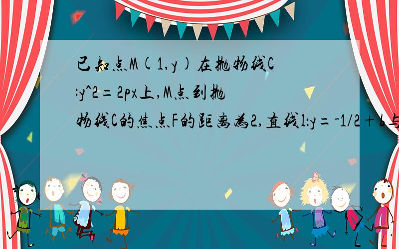 已知点M(1,y)在抛物线C:y^2=2px上,M点到抛物线C的焦点F的距离为2,直线l：y=-1/2+b与抛物线交于A、B两点若直线l与y轴负半轴相交,求△AOB面积的最大值