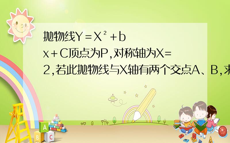 抛物线Y＝X²＋bx＋C顶点为P,对称轴为X=2,若此抛物线与X轴有两个交点A、B,求C取什么值时,三角形PAB是等腰直角三角形