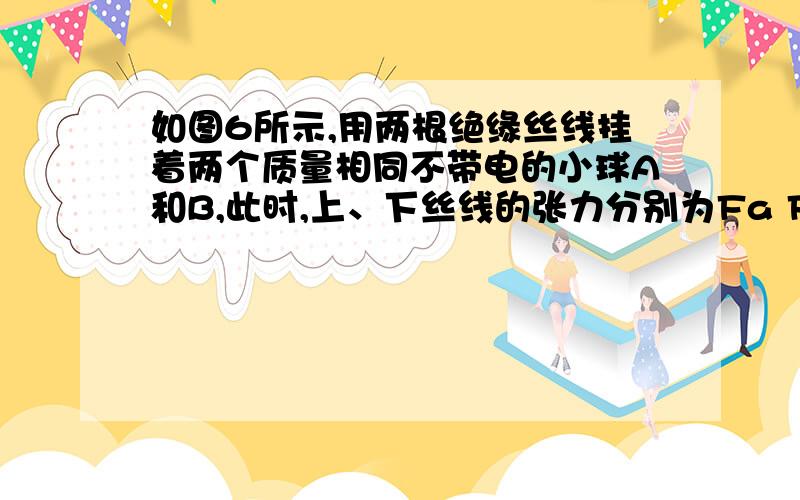 如图6所示,用两根绝缘丝线挂着两个质量相同不带电的小球A和B,此时,上、下丝线的张力分别为Fa Fb、 ；如果使A带正电,B带负电,上、下丝线的张力分别为Fb——, Fb——.（填“变大”“变小”