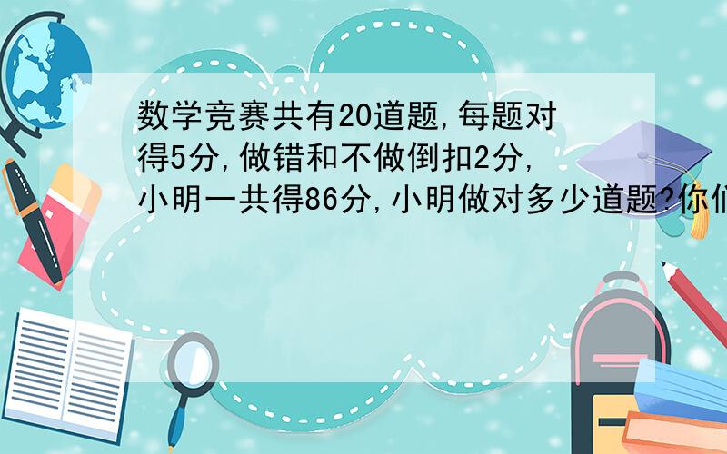 数学竞赛共有20道题,每题对得5分,做错和不做倒扣2分,小明一共得86分,小明做对多少道题?你们到底谁对的