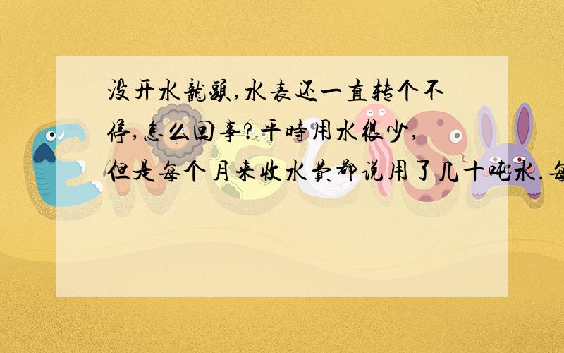 没开水龙头,水表还一直转个不停,怎么回事?平时用水很少,但是每个月来收水费都说用了几十吨水.每天半夜都没水,以前我以为是停水,今天发现打开水龙头虽然不出水但是水表却在飞转.平时