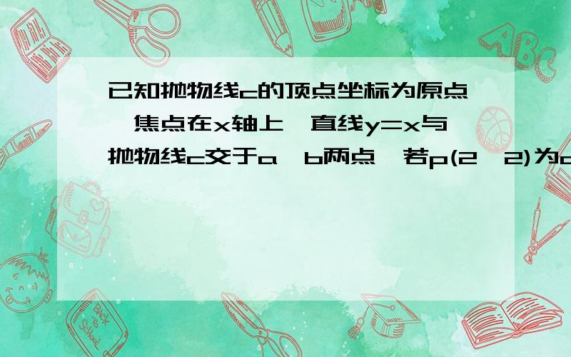 已知抛物线c的顶点坐标为原点,焦点在x轴上,直线y=x与抛物线c交于a,b两点,若p(2,2)为ab的中点,求抛物线c的