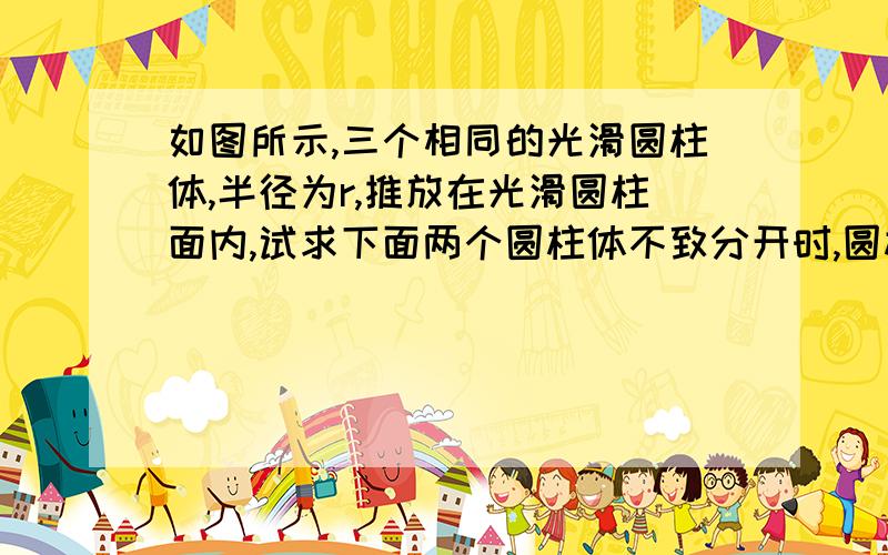 如图所示,三个相同的光滑圆柱体,半径为r,推放在光滑圆柱面内,试求下面两个圆柱体不致分开时,圆柱面的半径R应满足的条件.