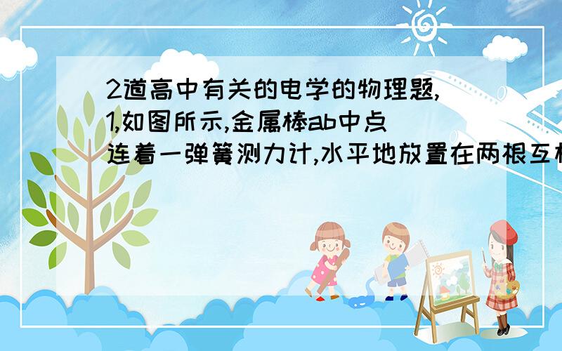 2道高中有关的电学的物理题,1,如图所示,金属棒ab中点连着一弹簧测力计,水平地放置在两根互相平行的光滑金属导轨cd、ef上,cd与ef间有一匀强磁场垂直于导轨平面,导轨宽0.1m,闭合电键S后,弹簧