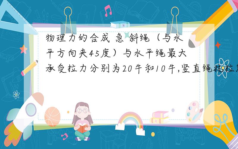 物理力的合成 急 斜绳（与水平方向夹45度）与水平绳最大承受拉力分别为20牛和10牛,竖直绳抗拉能力足够,三绳系于0点,问各绳均不断是,最多可悬吊多重的物体