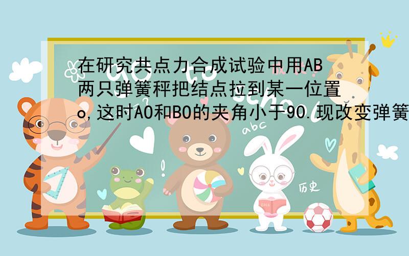 在研究共点力合成试验中用AB两只弹簧秤把结点拉到某一位置o,这时AO和BO的夹角小于90.现改变弹簧秤A的方向,使弹簧秤A沿离开原合力方向运动,但不改变它的大小,那么要使结点仍被拉到O,则B的