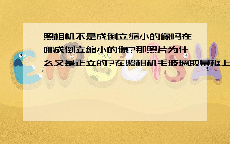 照相机不是成倒立缩小的像吗在哪成倒立缩小的像?那照片为什么又是正立的?在照相机毛玻璃取景框上看到的又是什么像？