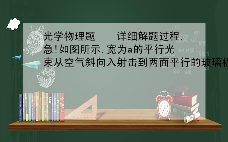 光学物理题——详细解题过程,急!如图所示,宽为a的平行光束从空气斜向入射击到两面平行的玻璃板上表面,入射角为45°,光束中包含两种波长的光,玻璃对这两种波长的光的折射率分别为n1＝1.5