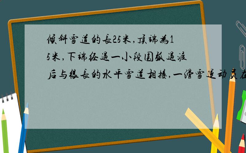 倾斜雪道的长25米,顶端为15米,下端经过一小段圆弧过渡后与很长的水平雪道相接,一滑雪运动员在倾斜雪道的顶端以水平速度v0=8m/s飞出,在落到倾斜雪道上时,运动员靠改变姿势进行缓冲,使自