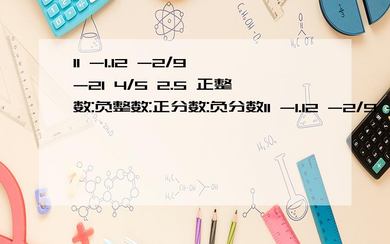 11 -1.12 -2/9 -21 4/5 2.5 正整数:负整数:正分数:负分数11 -1.12 -2/9 -21 4/5 2.5正整数:负整数:正分数:负分数:正数:负数: