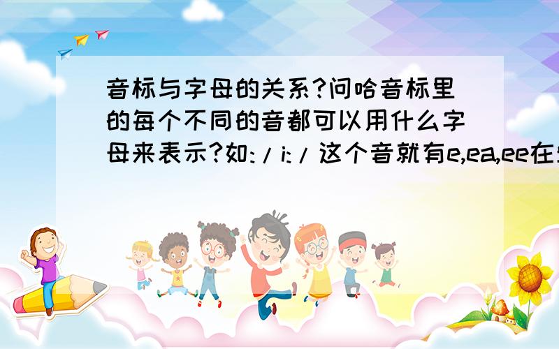 音标与字母的关系?问哈音标里的每个不同的音都可以用什么字母来表示?如:/i:/这个音就有e,ea,ee在单词里就可以读这个音?谁能把所有的音标对应的字母给讲下?希望能是给的直接是答案!直接