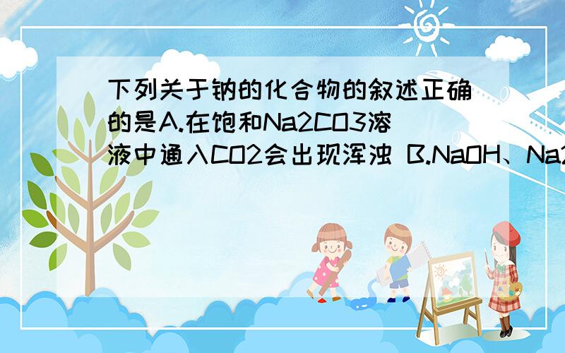 下列关于钠的化合物的叙述正确的是A.在饱和Na2CO3溶液中通入CO2会出现浑浊 B.NaOH、Na2CO3、NaHCO3溶液均呈碱性,所以可以共存 C.在CaCl2溶液中滴加NaHCO3溶液无沉淀,会生成沉淀 D.在97.7g水中投入2.3g