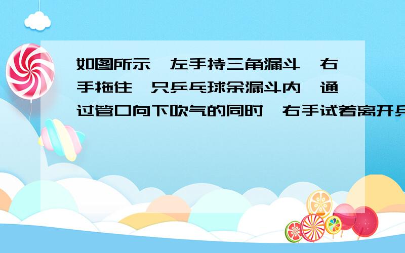 如图所示,左手持三角漏斗,右手拖住一只乒乓球余漏斗内,通过管口向下吹气的同时,右手试着离开乒乓球,你猜测可能发生的现象是?,观察实验现象,并把观察到的现象记录下来：,此现象发生的