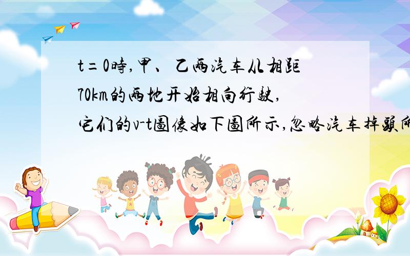 t=0时,甲、乙两汽车从相距70km的两地开始相向行驶,它们的v-t图像如下图所示,忽略汽车掉头所需时间.下列对汽车运动状况的描述正确的是( )A.在第一小时末,乙车改变运动方向 B.在第二小时末,